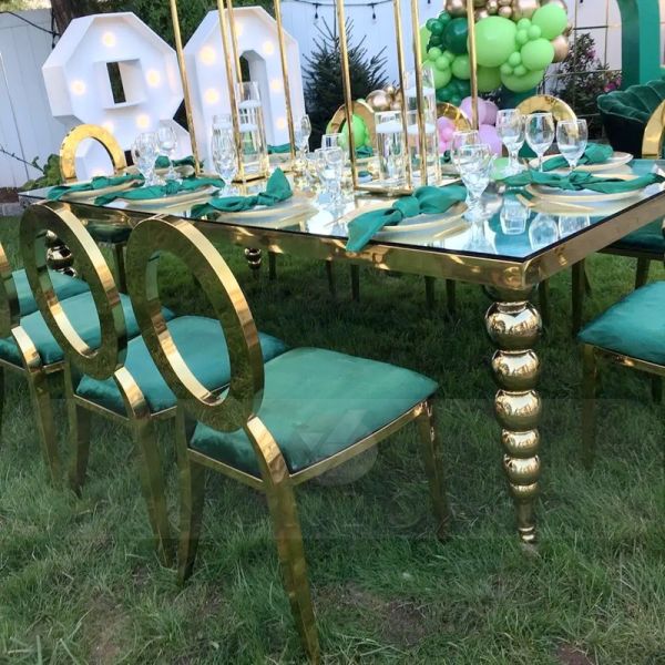 Modern Luxury Rectangle Wedding and Dining Table with Stainless Steel Balls Legs for Hotels and Halls