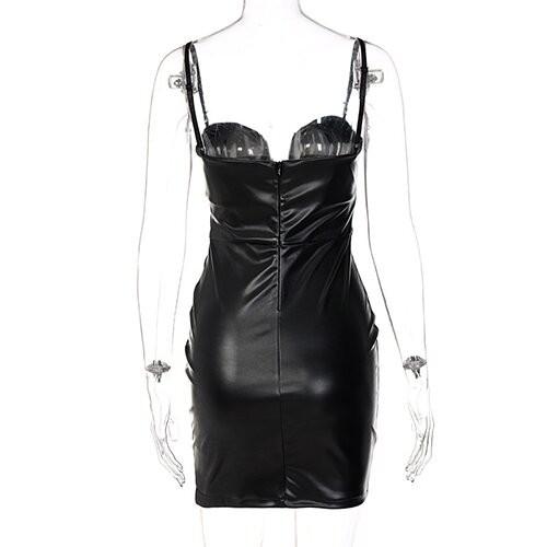 OEM  maufactory New Women's  Deep V -neck sleveless polyester Deep -back dress high -waist hip tight PU leather skirt