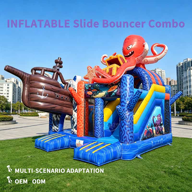 Commercial Grade Octopus Pirate Ship Inflatable Playground for Party Rental, Ocean Theme Bouncy Castle Slide Combo
