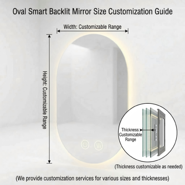 Kingstin Custom Oval LED Bathroom Mirror Rimless Backlit Smart Vanity Mirror Anti-Fog Bluetooth Time Display