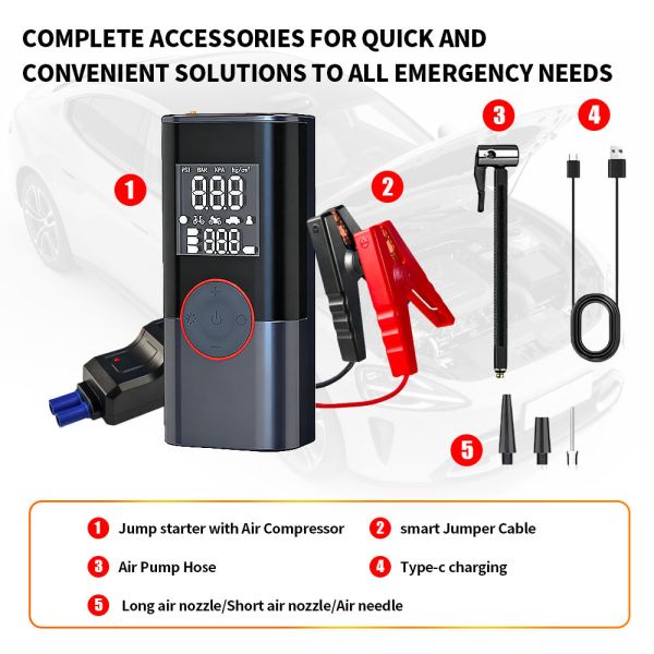 Portable Car Jump Starter Starter Pack Multi Function Type C Jump Starter With Air Compressor