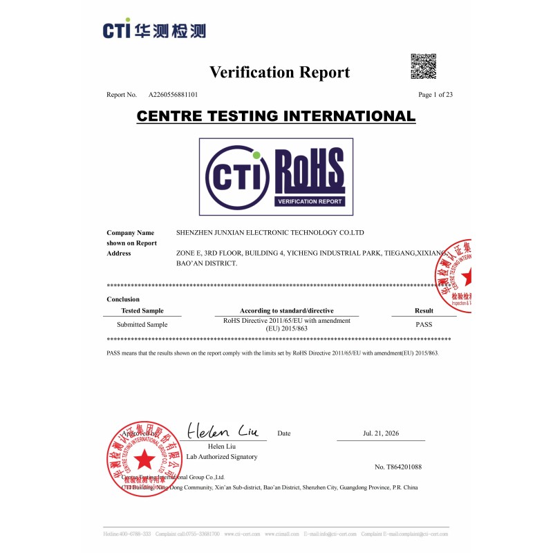 Shenzhen Junxian Electronic Technology Co., Ltd. Certifications
