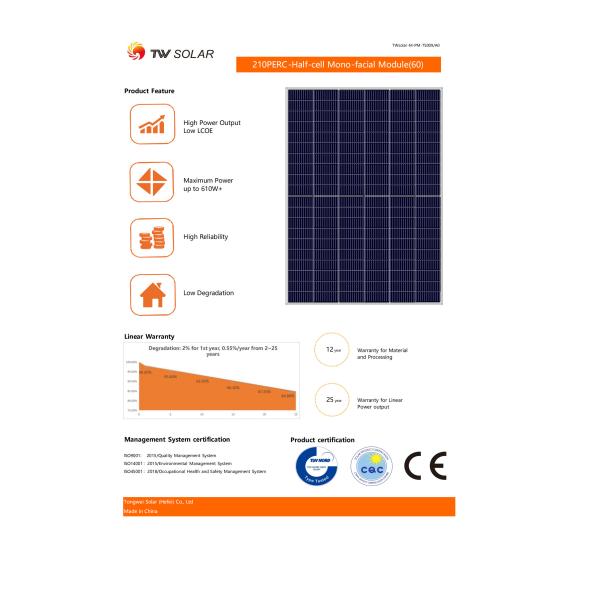 Panneau solaire photovoltaïque Tongwei de 210 mm à demi-cellule 600W 605W 610W