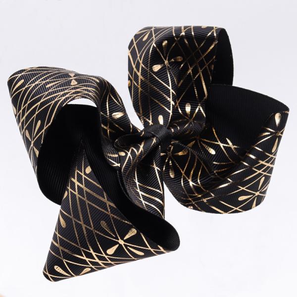 Customized Hair Bow Ribbon Black Glitter Color Printed Technics For Girls