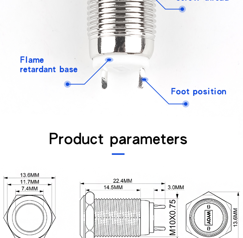 10MM Metal Push Button Switch Self-Resetting Latching Normally Open Miniature Illuminated Switch 2Pin High Head