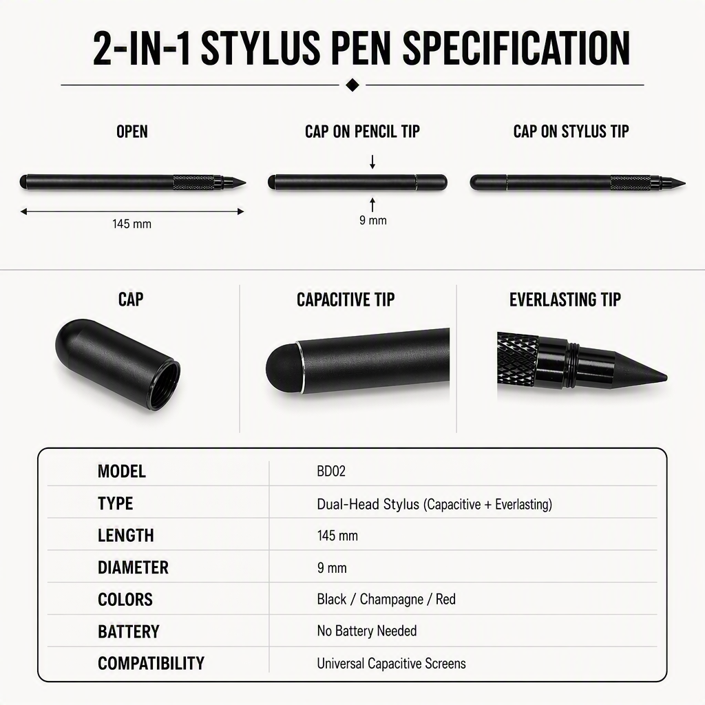 Dual Head Stylus Pencil 145mm 9mm Metallic Body with Detachable Cap, Round Touch Screen End and Inkless Graphite Point