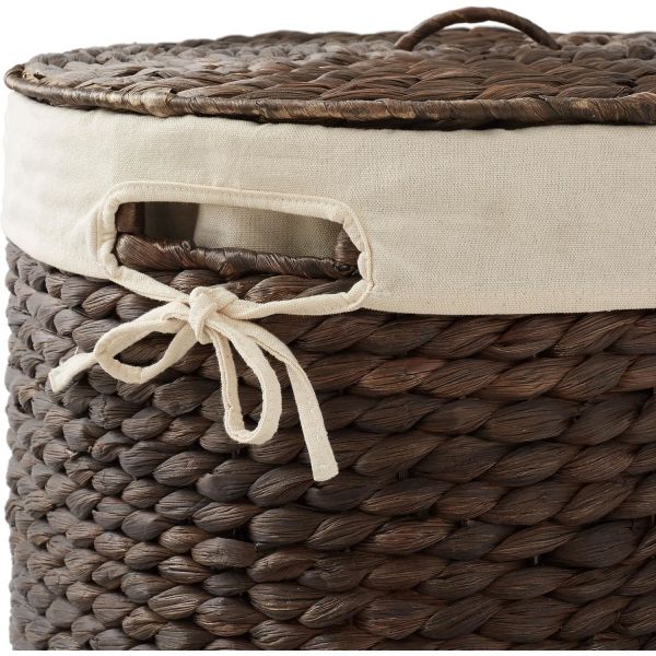 Round Laundry Hamper With Lid And Removable Liner Bag - Natural, Woven Water Hyacinth Wicker Laundry Basket For Clothes And Towels