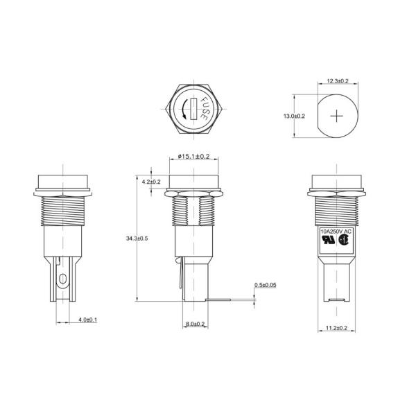 H3-11 5x20MM Glass Ceramic Tube Black Electrical Panel Mounted Screw Cap 10Amp Fuse Holder