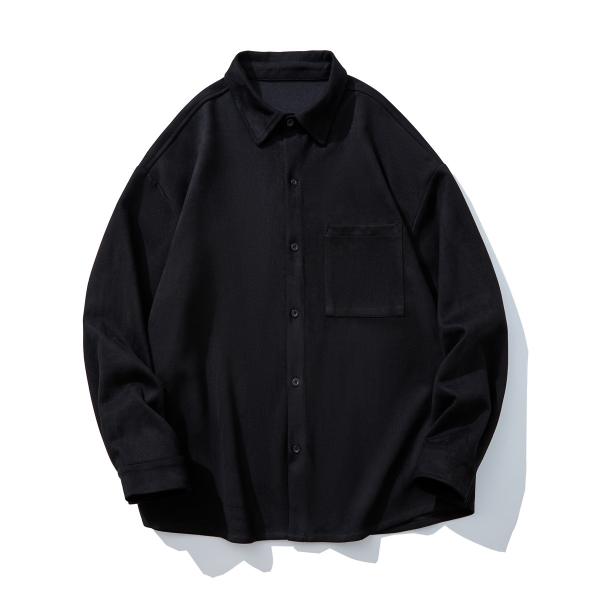 Men's Winter 2023 Suede Solid Color Long Sleeve Shirt with Pockets and Loose Fit Style