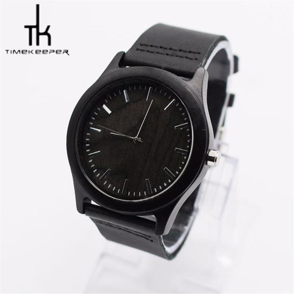 Black Wood Watch Leather Band Sandal Wood Dial Oem Japan Movement