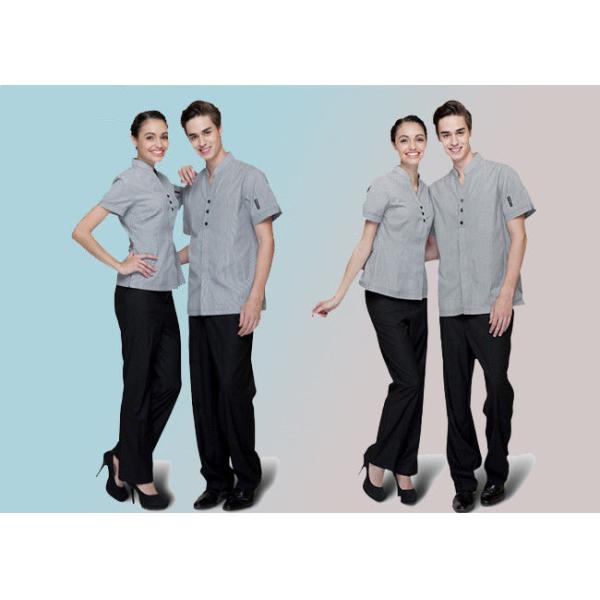 100% Cotton Trendy Restaurant Uniforms Lapel With Bow Tie For Restaurant Staff