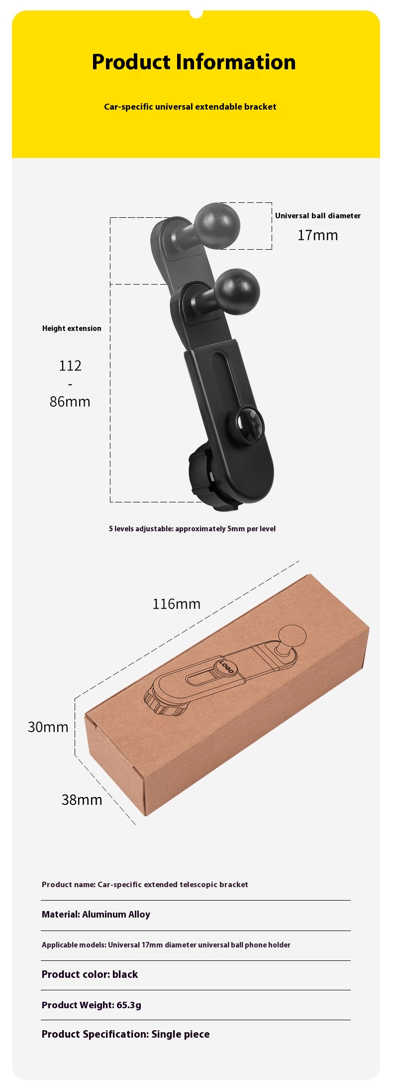For Adjustable 17mm Ball Head Car Mount Bracket Telescopic Universal Navigation Extension Rod Universal Accessory for Navigation
