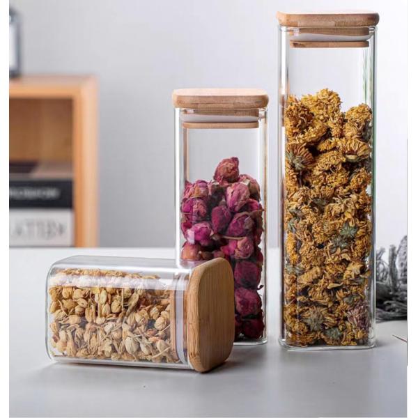 Modern Design Food Storage Container with Bamboo Wood Lid 300ml 500ml Spice Glass Jar