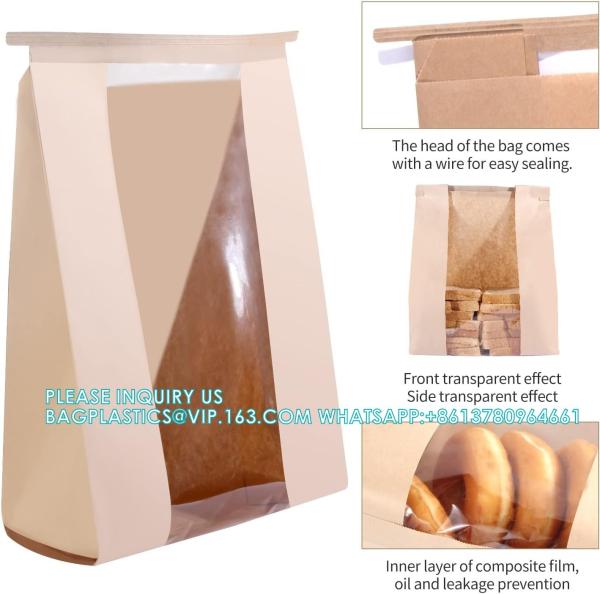 Large Kraft Paper Bread Bags Homemade Bread Loaf Bags 14 X 8.3 X 3.5 With Tin Tie Tab Lock Clear Front Window