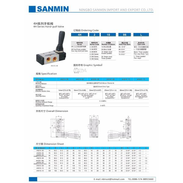 4H Series Pneumatic Solenoid Valve Two Position / Three Position Five Way Hand Pull