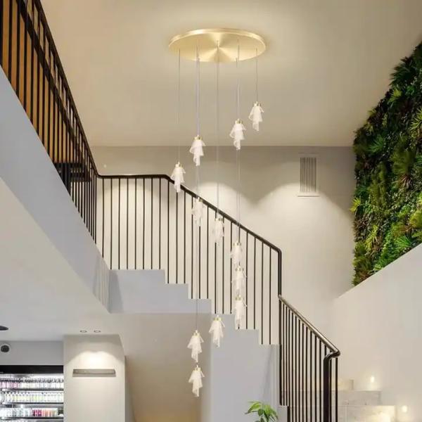 Modern Living Room Villa Rotating Acrylic Stair Light LED Art Flower Acrylic Chandelier Custom Gold Luxury Hotel Stair Decorative Light