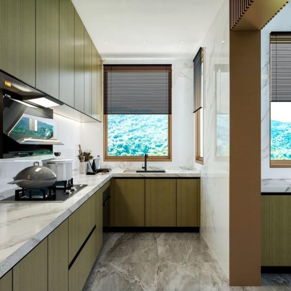 Fadior U-Shaped Wood Grain Stainless Steel Kitchen With  Handle-Free Design