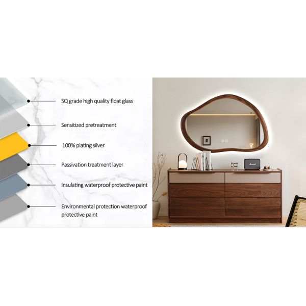 Walnut Wood Frame Irregular Bathroom Mirror 5mm With Edge Lighting Dimming