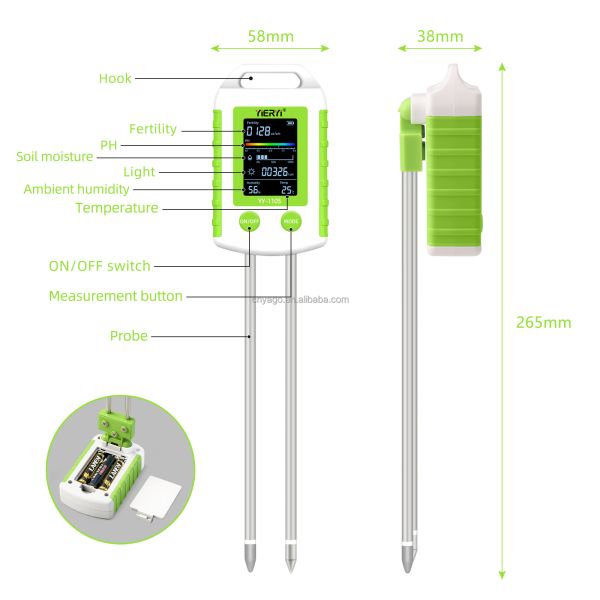 YIERYI 6-in-1 Soil Tester with 90° Rotatable Display for One-Step Operation - Measures pH, Fertility, Moisture, Light, Temperature, and Humidity