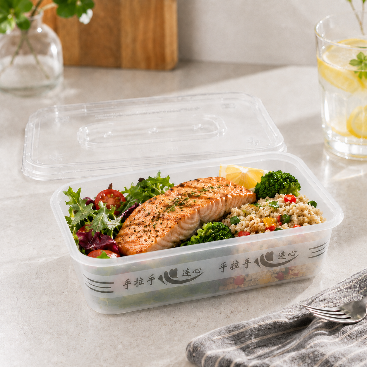 Full Meal Packaging PP Food Containers 750ml Large Square Takeaway Box with Lid