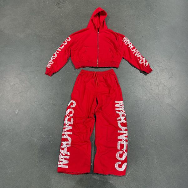 Fabricants de vêtements Impression sur écran personnalisée Fermeture à glissière T-shirts à capuche coupés T-shirts vintage ensoleillés Sweatpants de jogging Tracksuits unisexe
