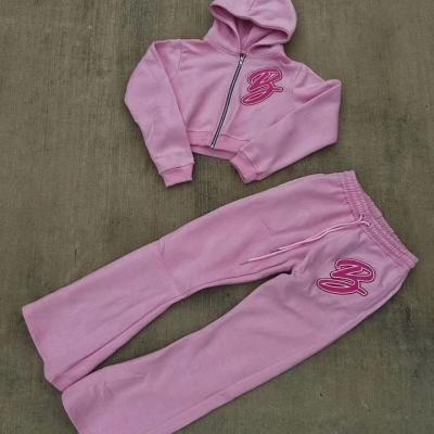 Fabricant personnalisé Jogger 100% coton broderie 3D strass fermeture à glissière haubane coupé Sweatsuits femmes Sweatpants et ensemble de sweat-shirt