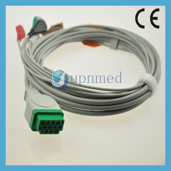 GE-Marquette One-piece 5-Lead ECG Cable with leadwires, AHA, Snap,11pin