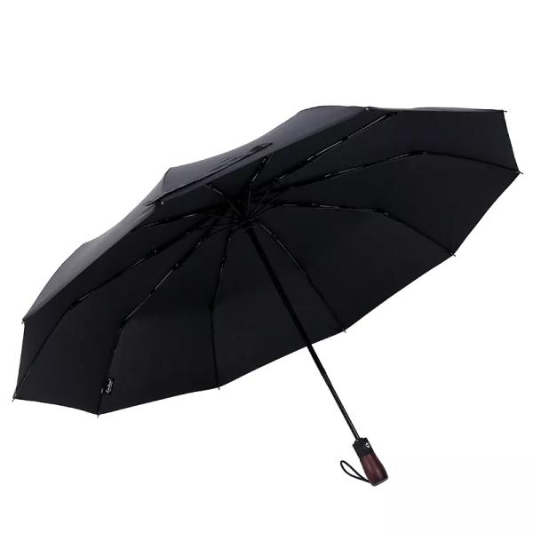 Fully Automatic 10 Ribs Wind Resistant Solid Wood Handle Engraved with Three Fold Men's Business Umbrella