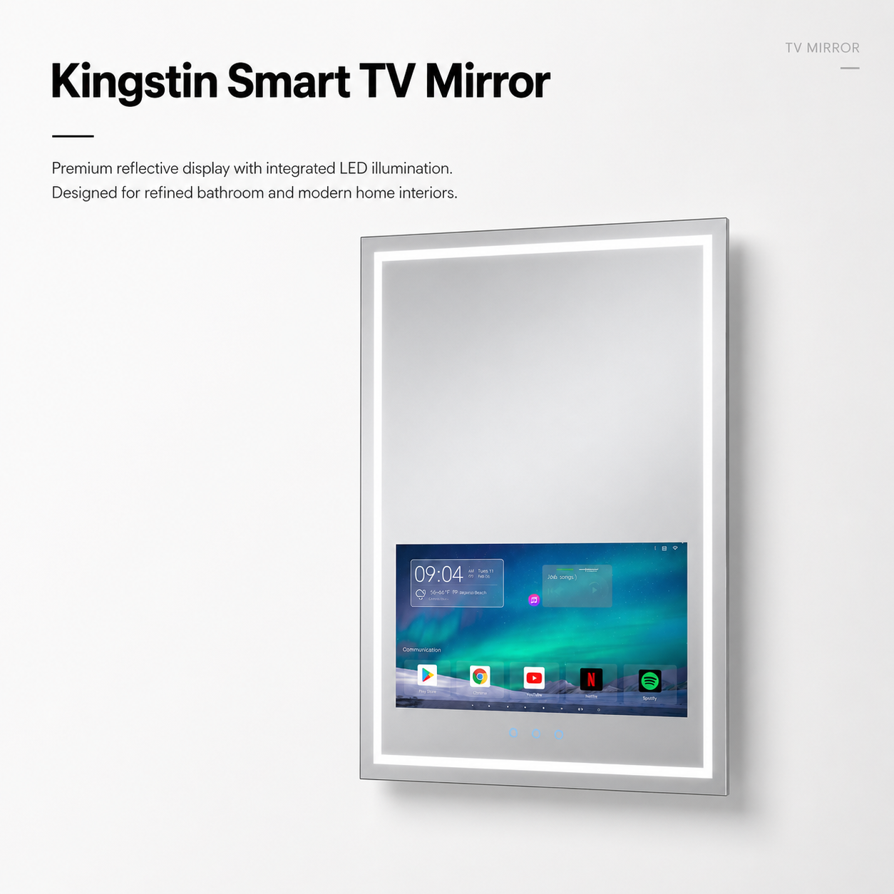 Kingstin Premium Frameless HD Glass LED TV Mirror for Bathroom, Smart App Touch Screen, 100% Customized Sizes