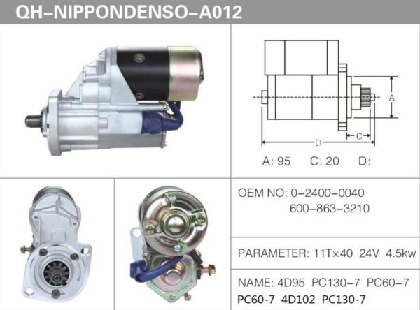 Komatsu Excavator Starter Motor PC130-7 PC60-7 4D95 4D102  11T*40