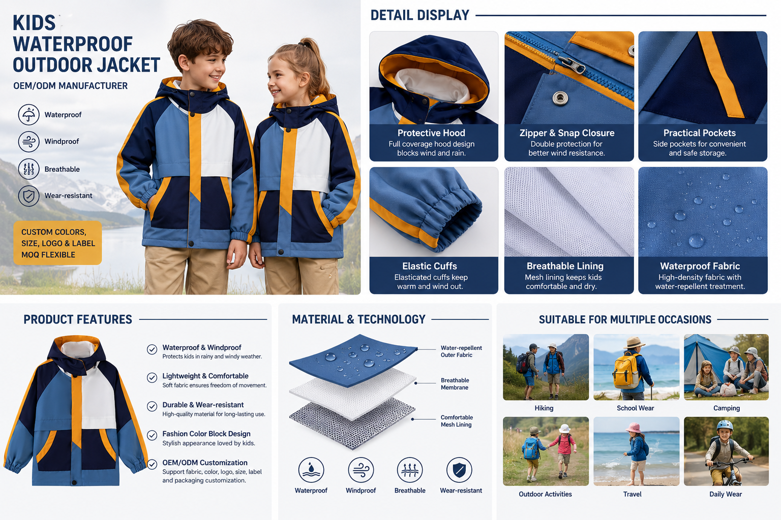 Custom Kids Waterproof Color Block Hooded Jacket for Outdoor Activities OEM ODM Manufacturer