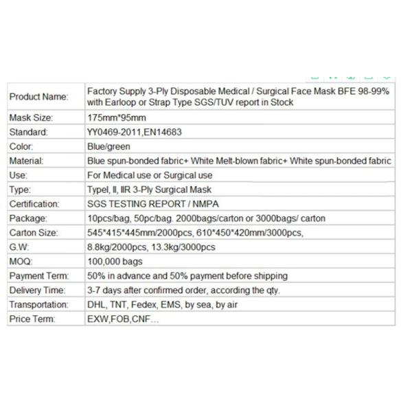 3-Ply Disposable Medical / Surgical Face Mask Bfe 98-99% with Earloop or Strap Type