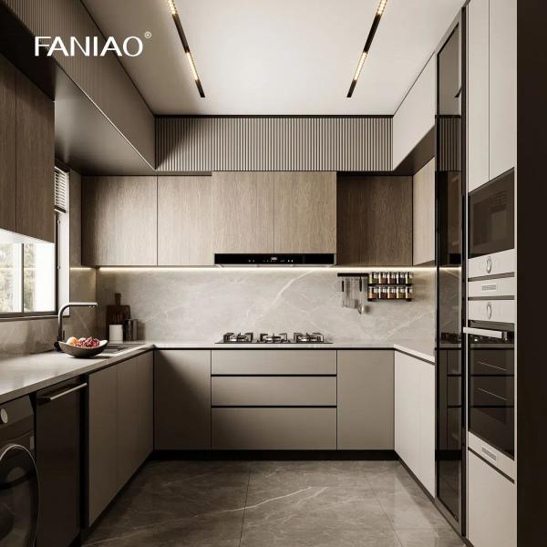 Оптовая продажа Белый современный дизайн кухни в форме U Меламинные шкафы для кухни Деревянные виллы