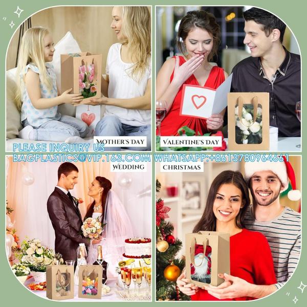 Kraft Shopping Bags With Handles For Present, Festivals Party Gift Bags With Transparent Window