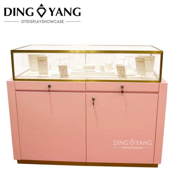 Fashion Nice Pink Wooden Jewellery Showroom Counter With Locking Bottom Cabinet