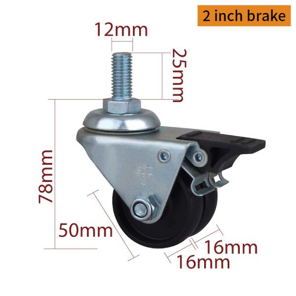 EDL 2 Inch  Threaded  Equipment Casters Black PA  Casters With Brakes  80kg Road  M312S-13