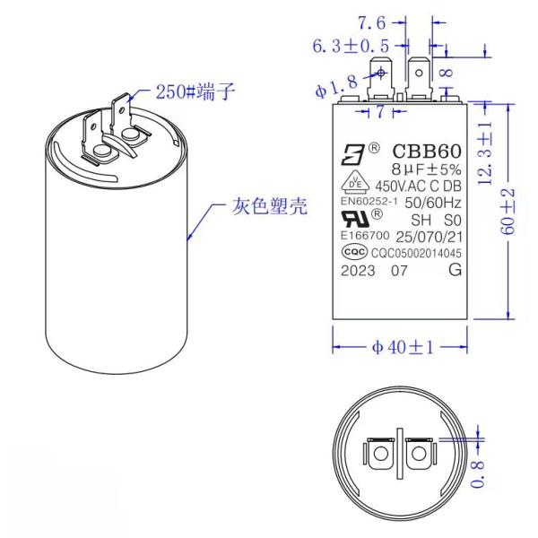 CBB60 450V 8.0UF Водокачественный насос Моторный конденсатор 50 / 60Hz RoHS 250 терминалы