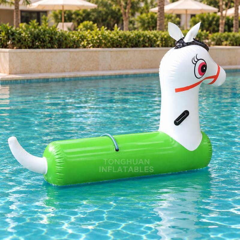 Green Inflatable Pony Water Riding Toy with White Horse Head and Grip Handles for Resort Pool Activities