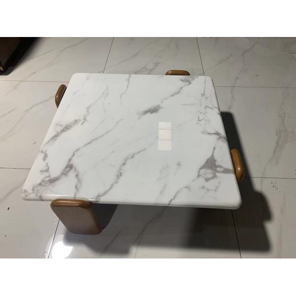 indoor Square Carrara White Marble Coffee Table with White Wax Solid wood Legs