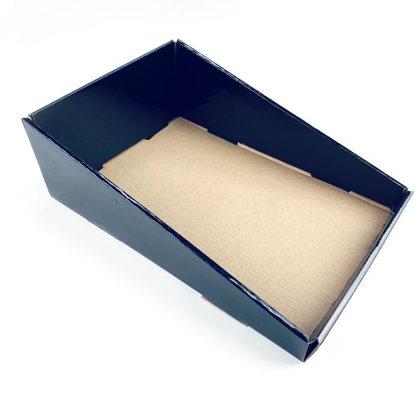 Estante de papel negro personalizado plegable de cartón corrugado, caja de embalaje para exhibición de mostrador