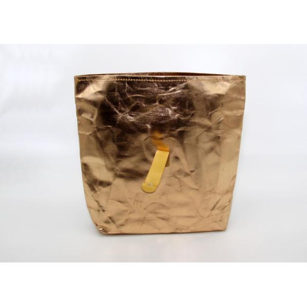 OEM Washable Kraft Paper Makeup Cosmetic Bag Rose Gold With Metal Button Closing