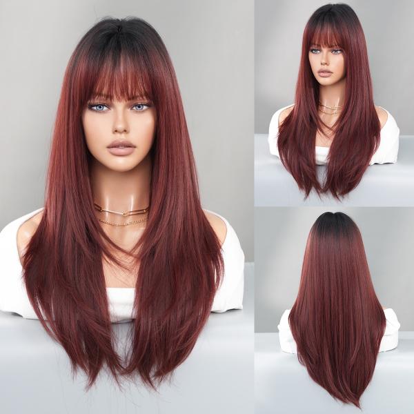 Fashion Long Straight Dark Root Hair Black/Auburn Synthetic Wigs For Women