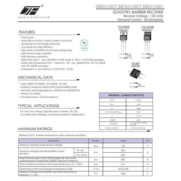 SR60150CT 150V Alloy Structure Schottky Barrier Rectifier Diode with TO-220AB VRRM 60A