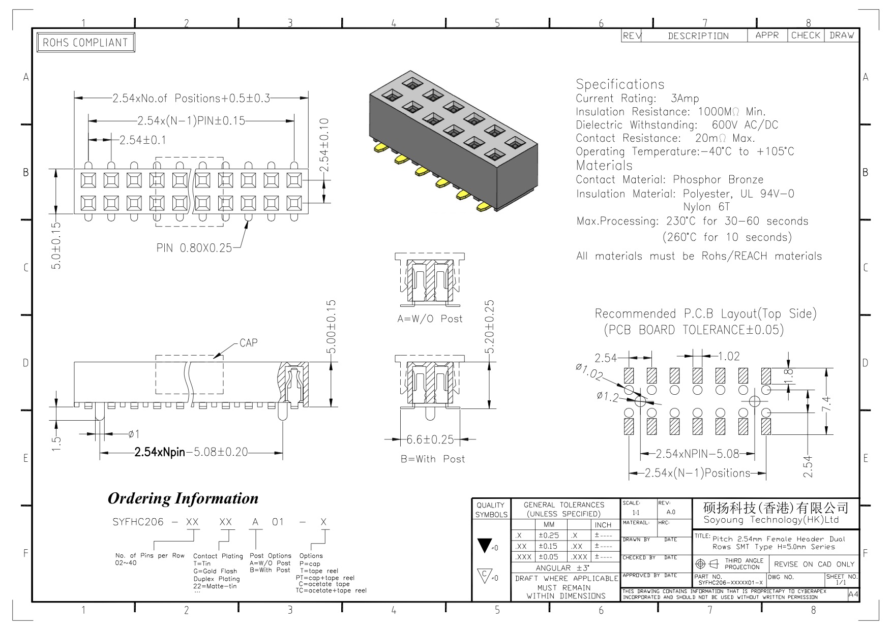 Женское ТИП 2 *2PIN строки SMT соединителя 2.54mm заголовка двойное к 2*40PIN H=5.00mm