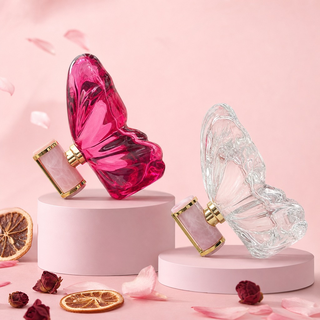 80ml Glass Perfume Bottles Butterfly Shaped Red Pink Marble Cap Empty Elegant