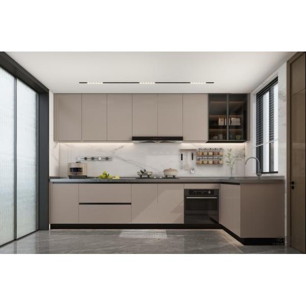 Armoires de cuisine en acier inoxydable modernes beige en forme de L avec conception de portes en verre