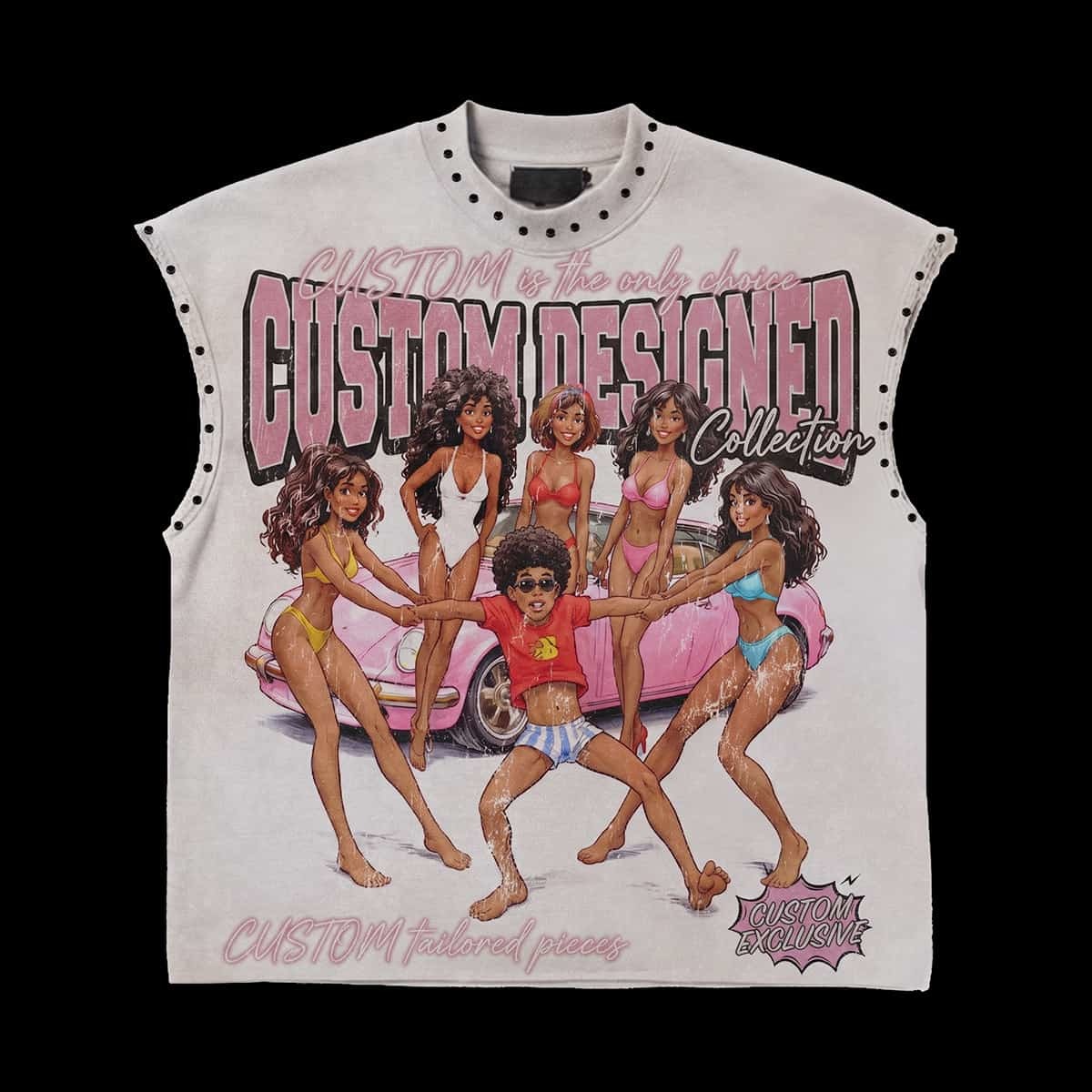 Custom Private Label Vintage Studded Sleeveless Graphic Tee for Men