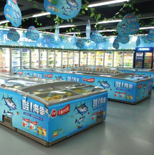 1040L Top Four Sliding Glass Door Island Display Freezer / Horizontal Commercial Refrigerator