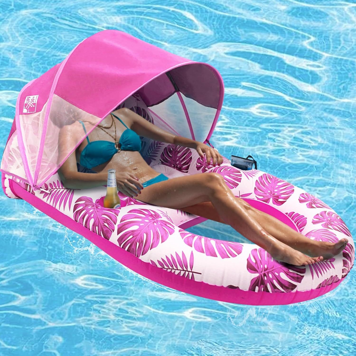 PVC Inflatable Sunshade Floating Bed Canopy Pool Lounge Chair Detachable Floating Raft Backrest Hollow-Design for Beach Water