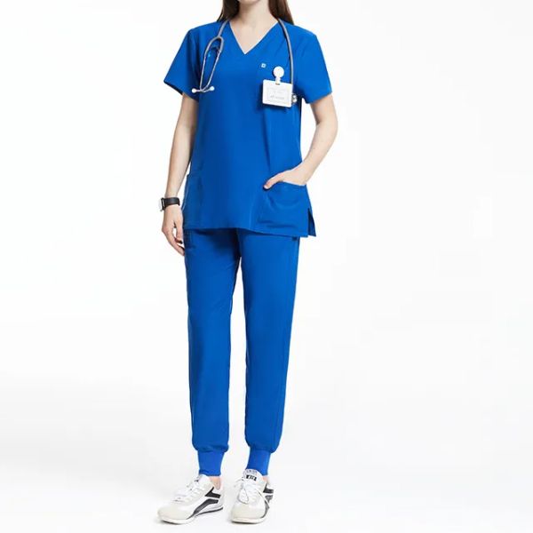 Custom Logo Fashion Srubs Medical Scrubs Uniform Suit V Neck Solid Nursing Set Tops Women's Medical Nurse Uniform Scrub Suit